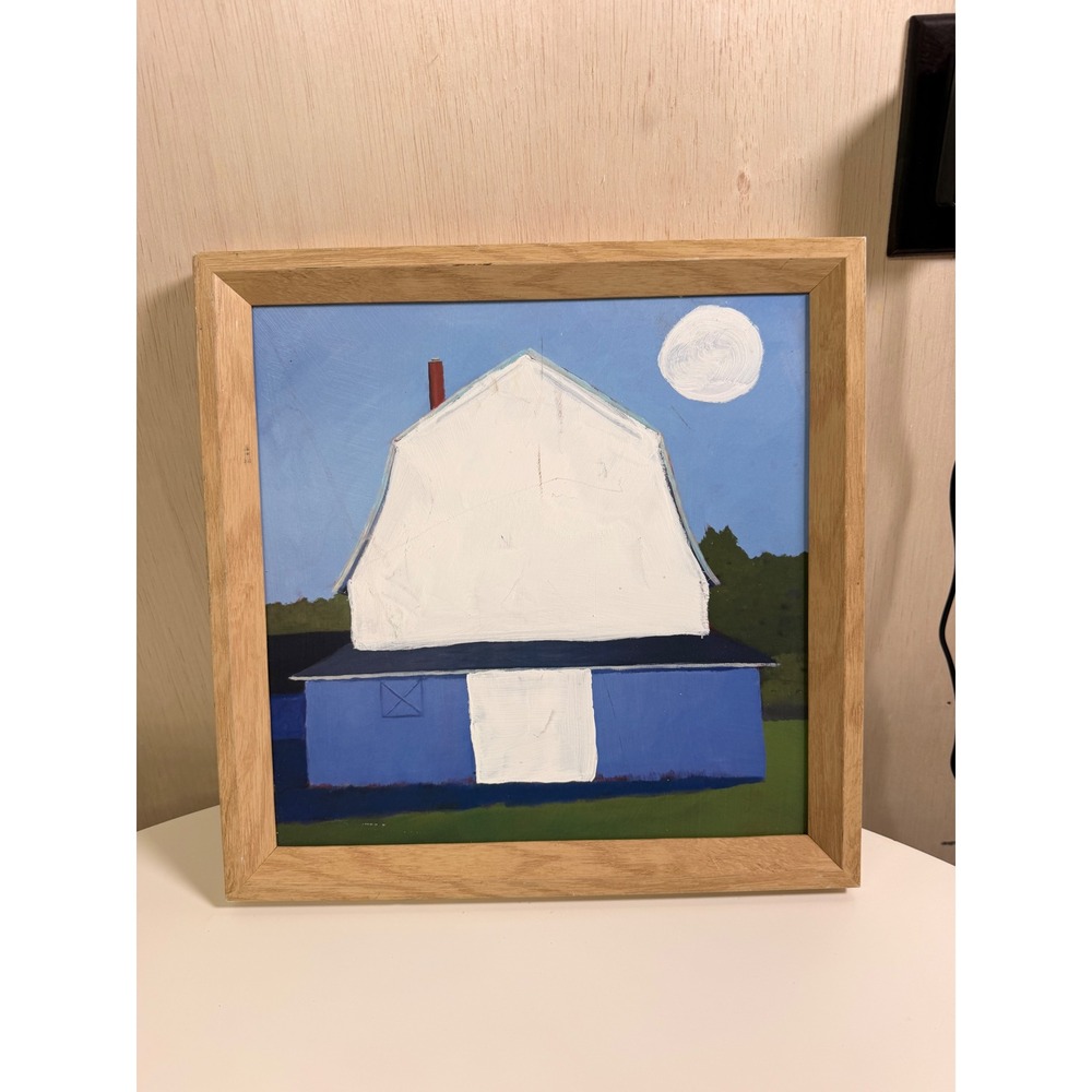 Unbranded Barn Painting Home Decor OS Blue Excellent Folk Art Framed 14x14